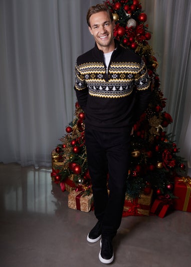 Threadbare Black Knitted Fairisle Christmas Quarter Zip Jumper
