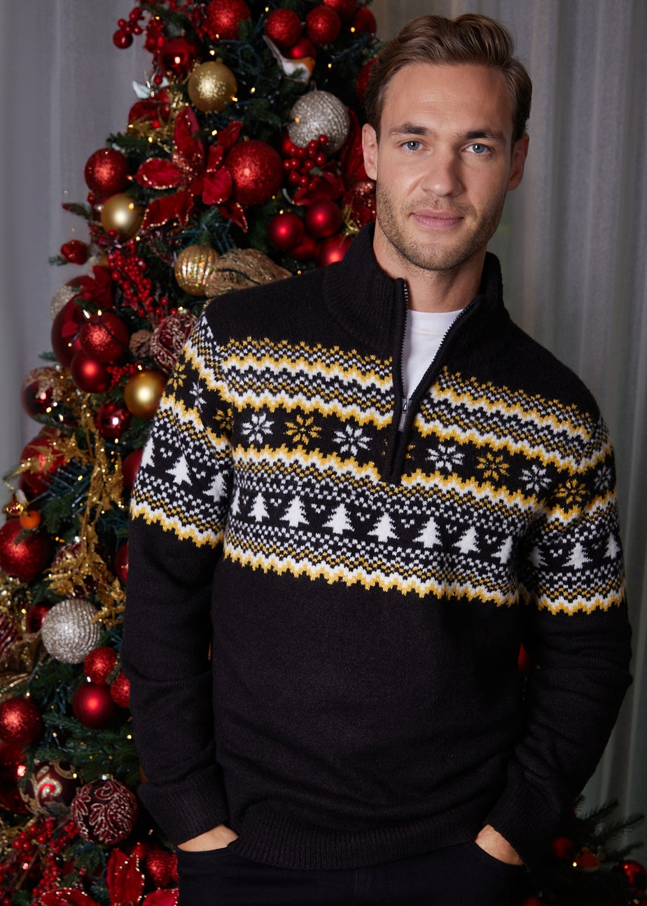 Threadbare Black Knitted Fairisle Christmas Quarter Zip Jumper