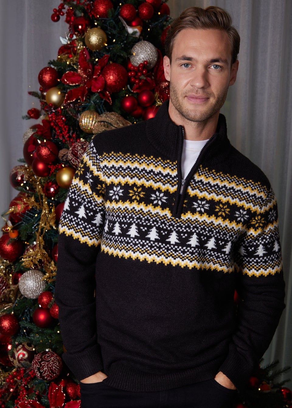 Threadbare Black Knitted Fairisle Christmas Quarter Zip Jumper