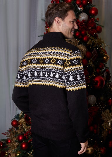 Threadbare Black Knitted Fairisle Christmas Quarter Zip Jumper