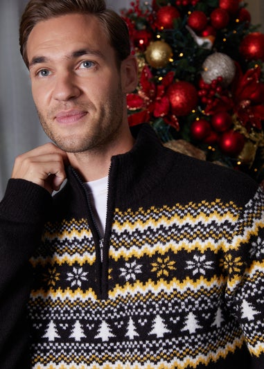 Threadbare Black Knitted Fairisle Christmas Quarter Zip Jumper