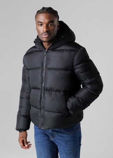 French Connection Black Hooded Puffer Jacket with High Neck