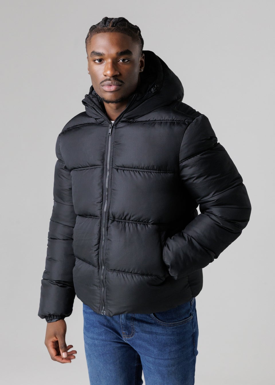 French Connection Black Hooded Puffer Jacket with High Neck