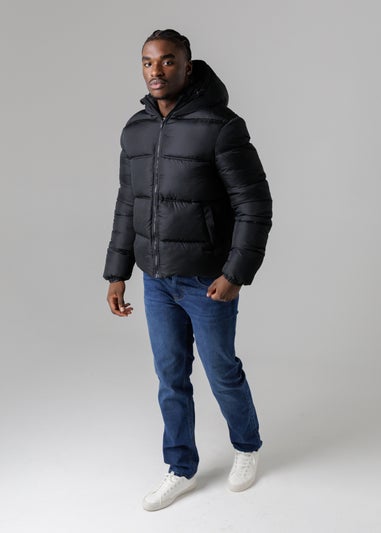 French Connection Black Hooded Puffer Jacket with High Neck