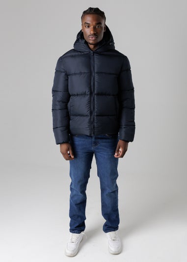 French Connection Navy Hooded Puffer Jacket with High Neck