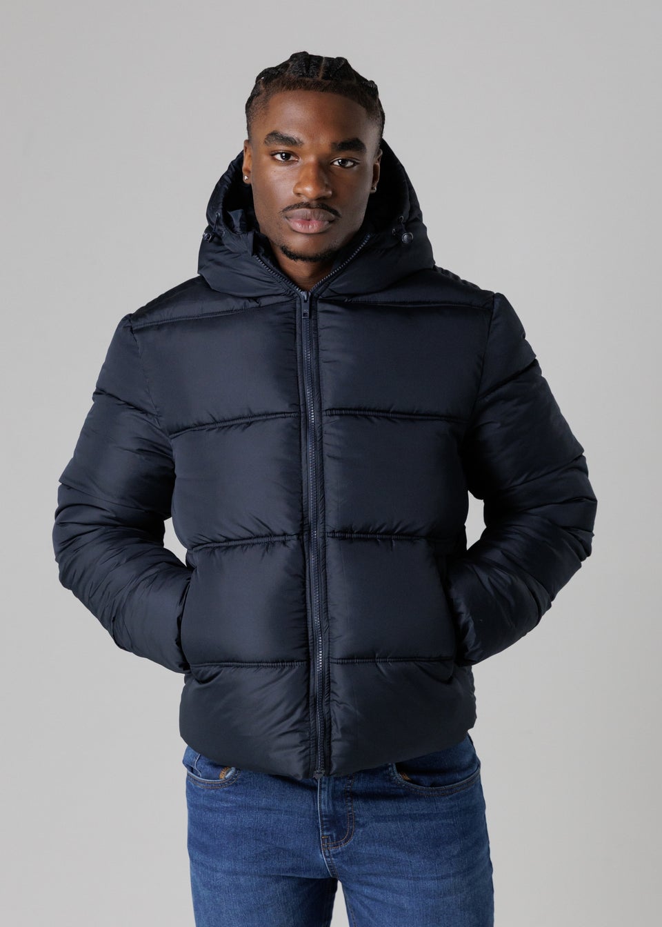French Connection Navy Hooded Puffer Jacket with High Neck