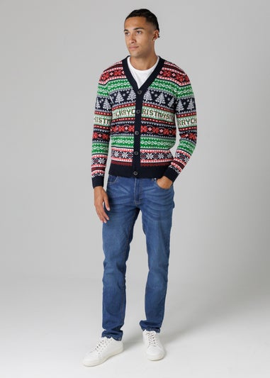 Tokyo Laundry Navy Festive Jacquard V-Neck Cardigan