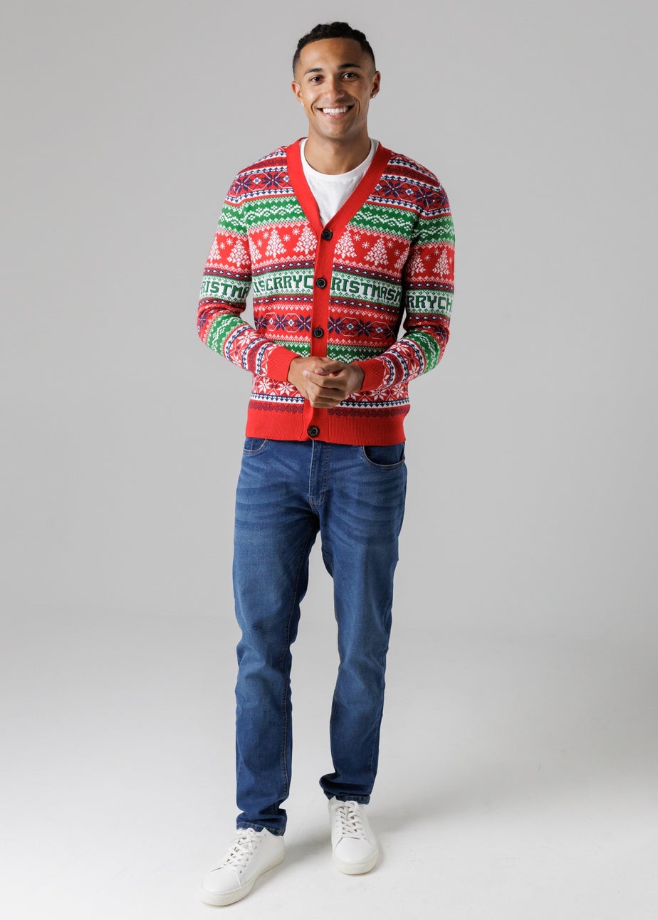 Tokyo Laundry Red Festive Jacquard V-Neck Cardigan