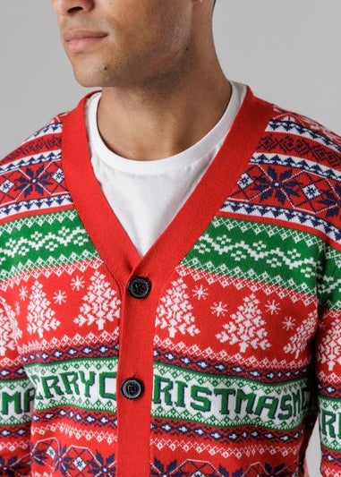 Tokyo Laundry Red Festive Jacquard V-Neck Cardigan