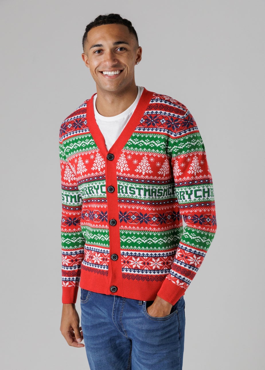 Tokyo Laundry Red Festive Jacquard V-Neck Cardigan