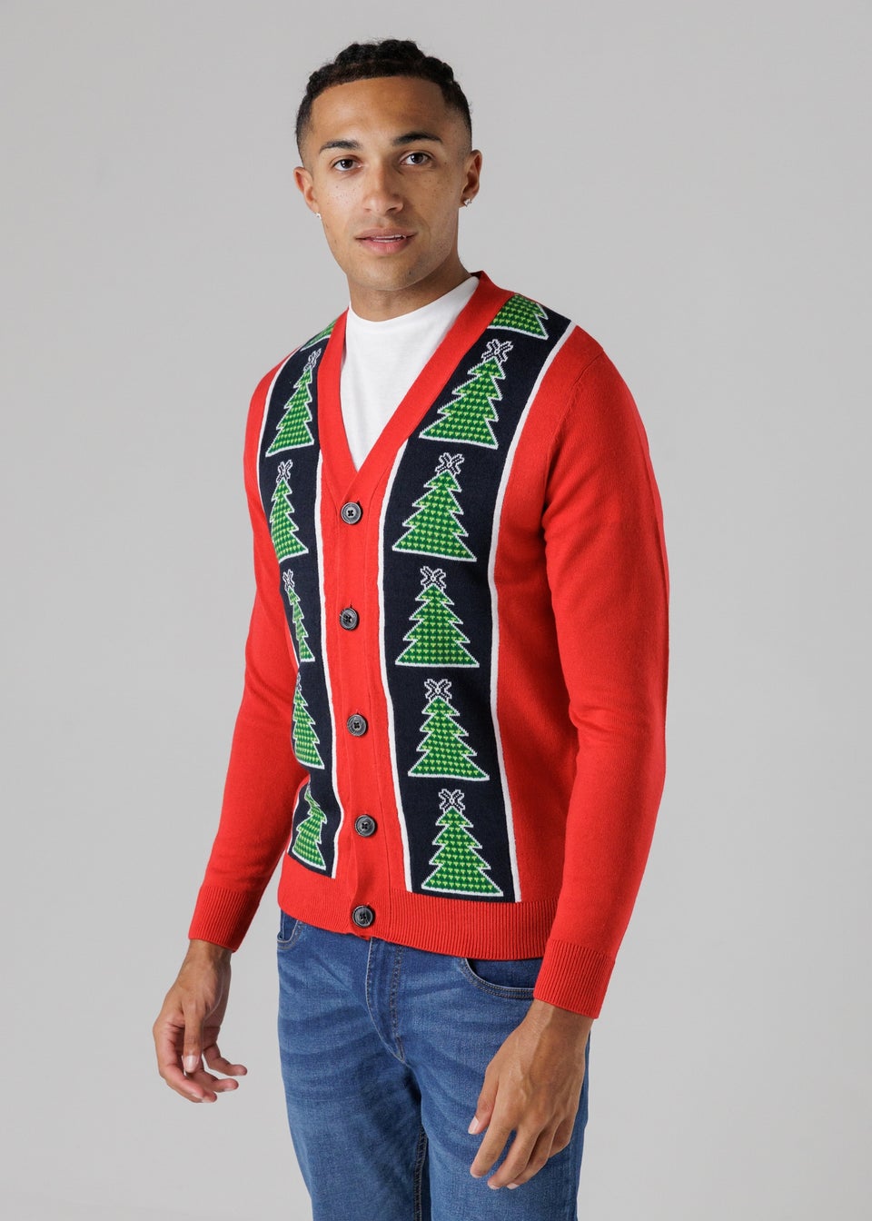 Tokyo Laundry Red Festive Jacquard V-Neck Cardigan