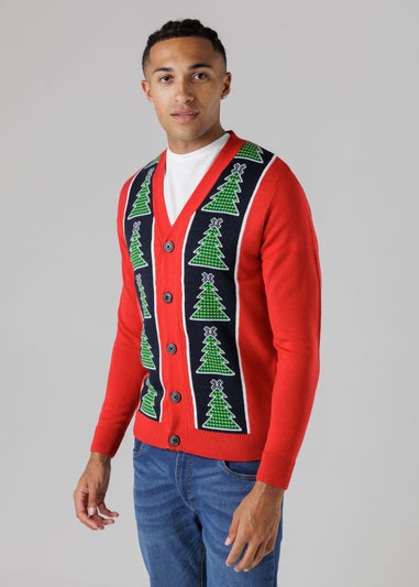 Tokyo Laundry Red Festive Jacquard V-Neck Cardigan