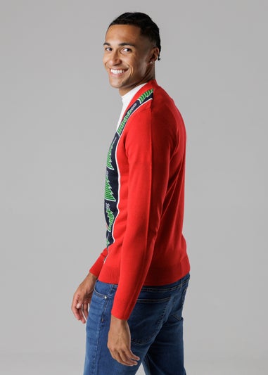 Tokyo Laundry Red Festive Jacquard V-Neck Cardigan