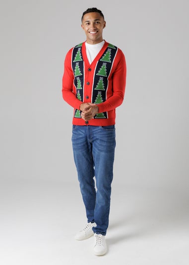 Tokyo Laundry Red Festive Jacquard V-Neck Cardigan