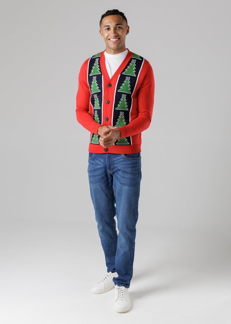Tokyo Laundry Red Festive Jacquard V-Neck Cardigan