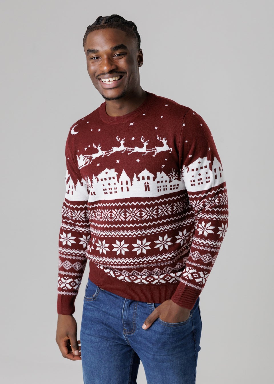Tokyo Laundry Burgundy Festive Jacquard Crew Neck Jumper
