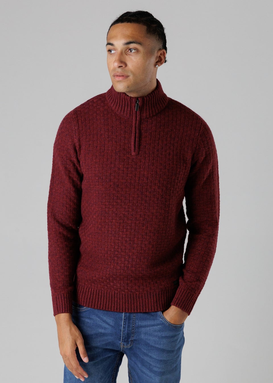 Tokyo Laundry Burgundy Quarter Zip Basket Stitch Jumper