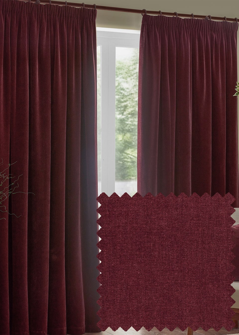 Yard Heavy Chenille Velvet Room Darkening Pencil Pleat Curtain Pair Beetroot