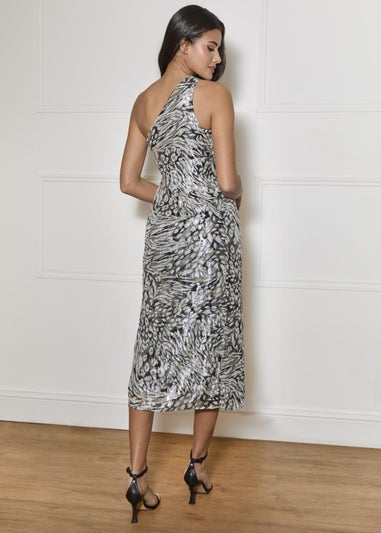 Chi Chi London Silver One Shoulder Printed Glitter Midi Dress