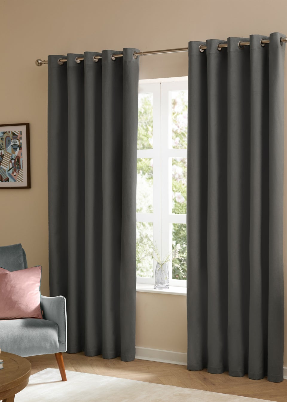Furn The Ultimate Velvet Blackout Eyelet Curtain Pair Charcoal