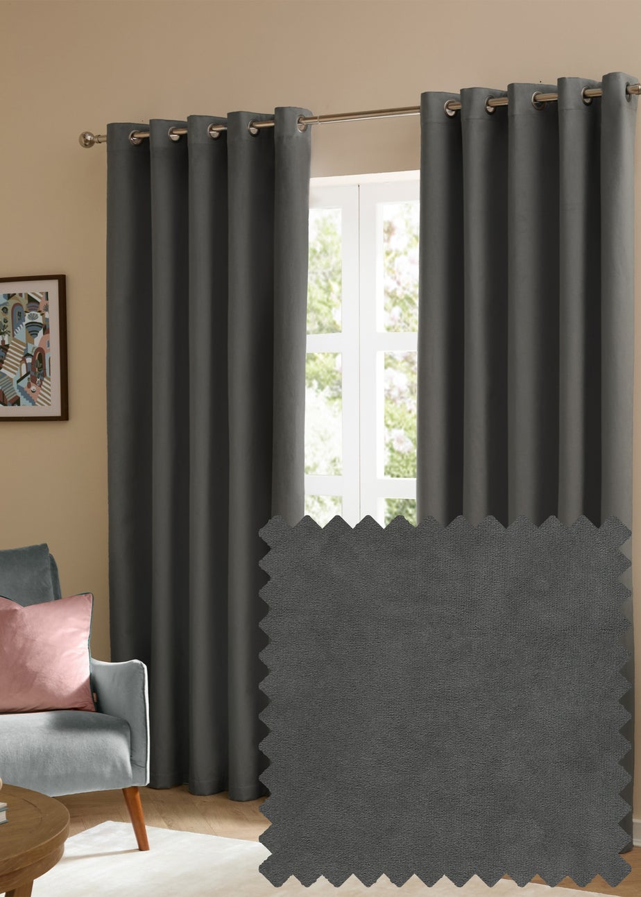 Furn The Ultimate Velvet Blackout Eyelet Curtain Pair Charcoal
