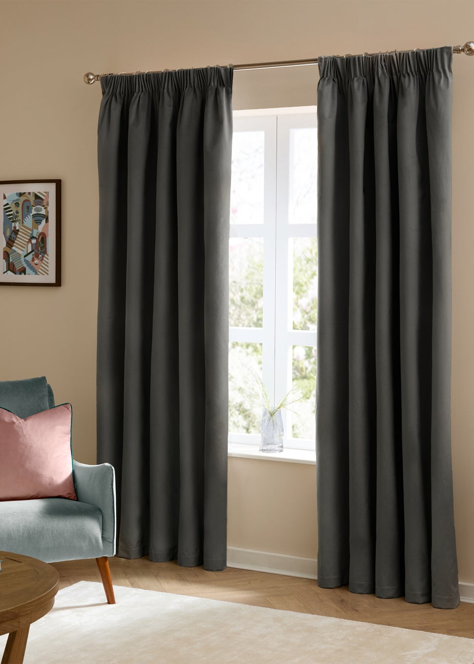 Furn The Ultimate Velvet Blackout Pencil Pleat Curtain Pair Charcoal