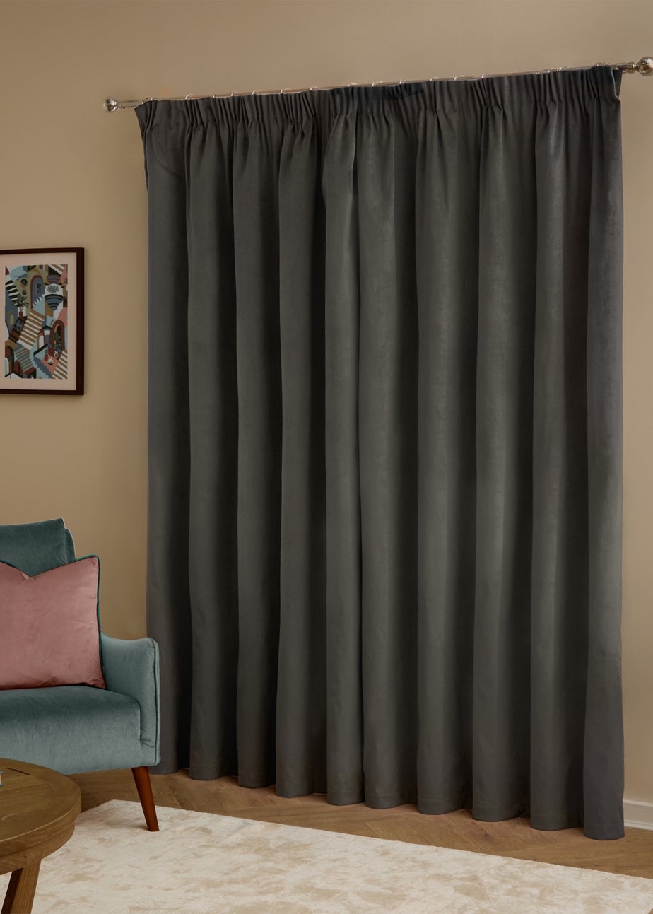 Furn The Ultimate Velvet Blackout Pencil Pleat Curtain Pair Charcoal