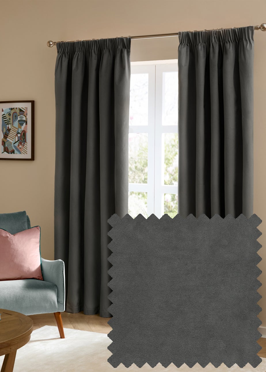 Furn The Ultimate Velvet Room Darkening Pencil Pleat Curtain Pair Charcoal