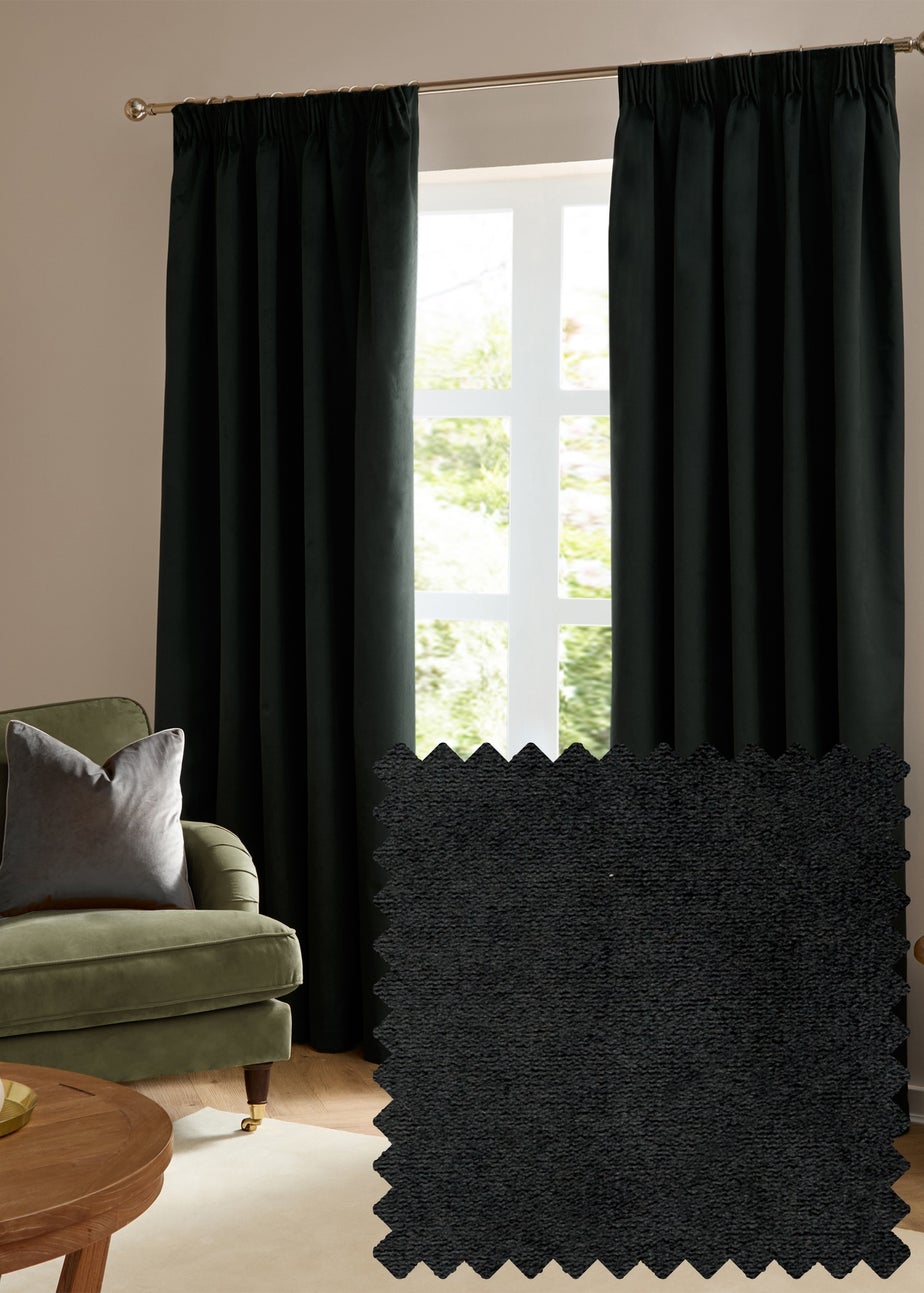 Furn The Ultimate Velvet Room Darkening Pencil Pleat Curtain Pair Black