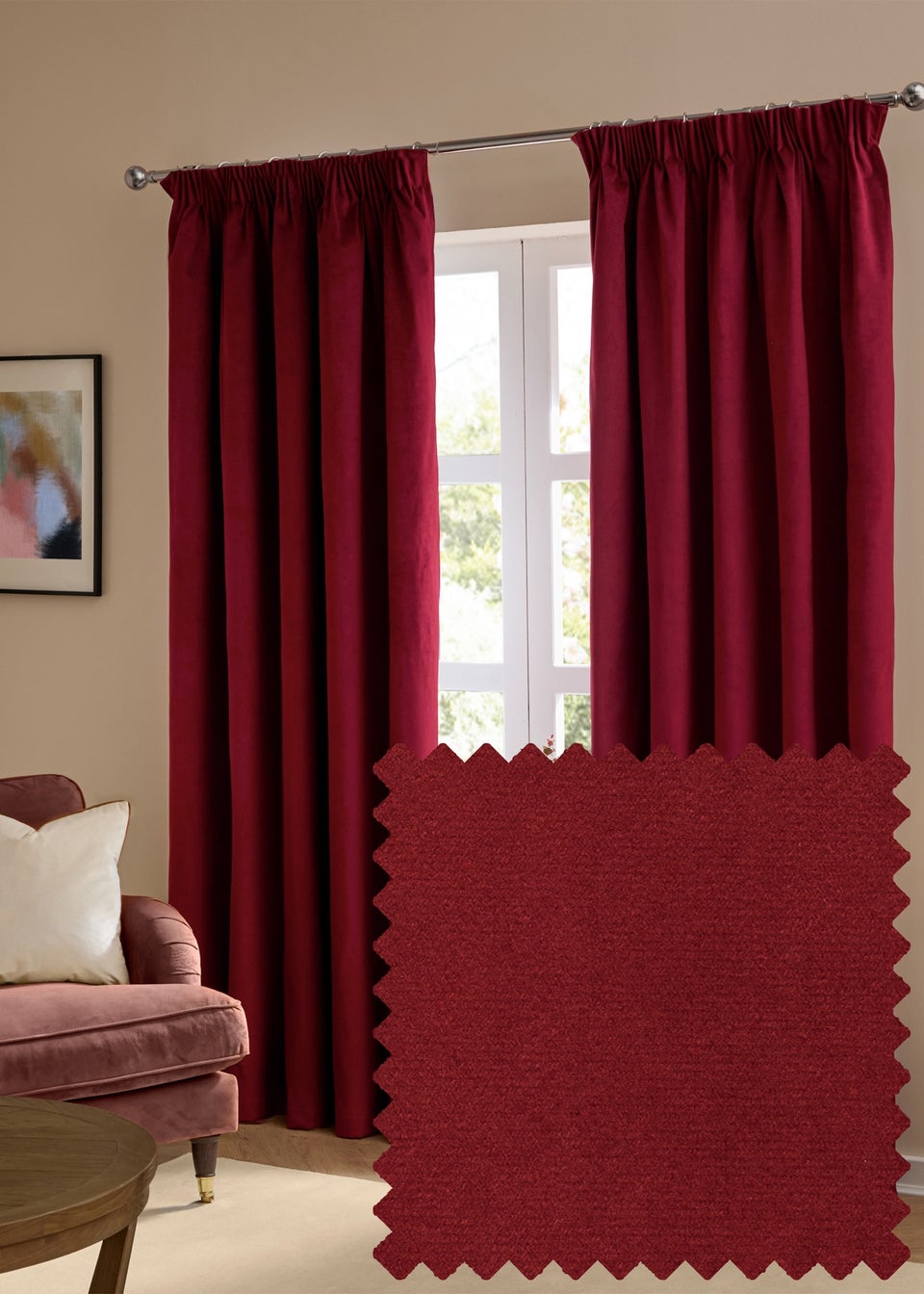 Furn The Ultimate Velvet Room Darkening Pencil Pleat Curtain Pair Burgundy