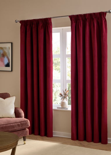 Furn The Ultimate Velvet Room Darkening Pencil Pleat Curtain Pair Burgundy