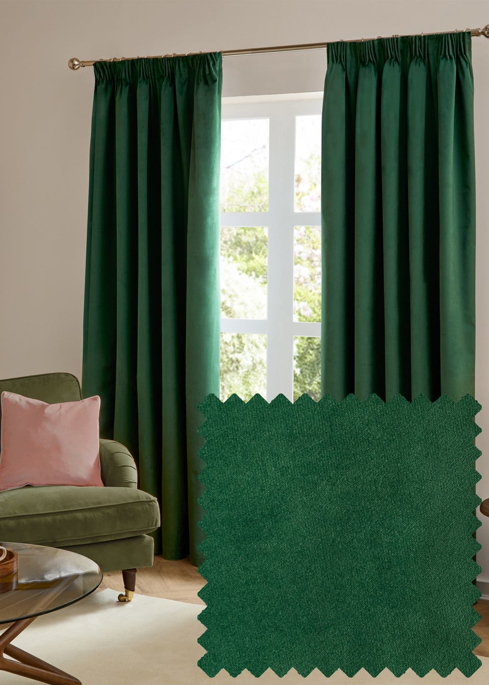 Furn The Ultimate Velvet Room Darkening Pencil Pleat Curtain Pair Emerald