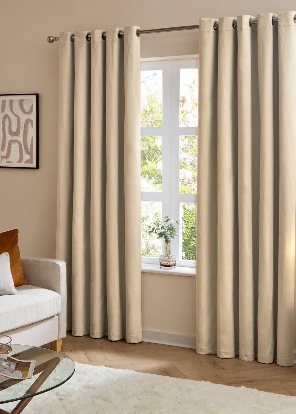 Furn The Ultimate Velvet Room Darkening Eyelet Curtain Pair Natural