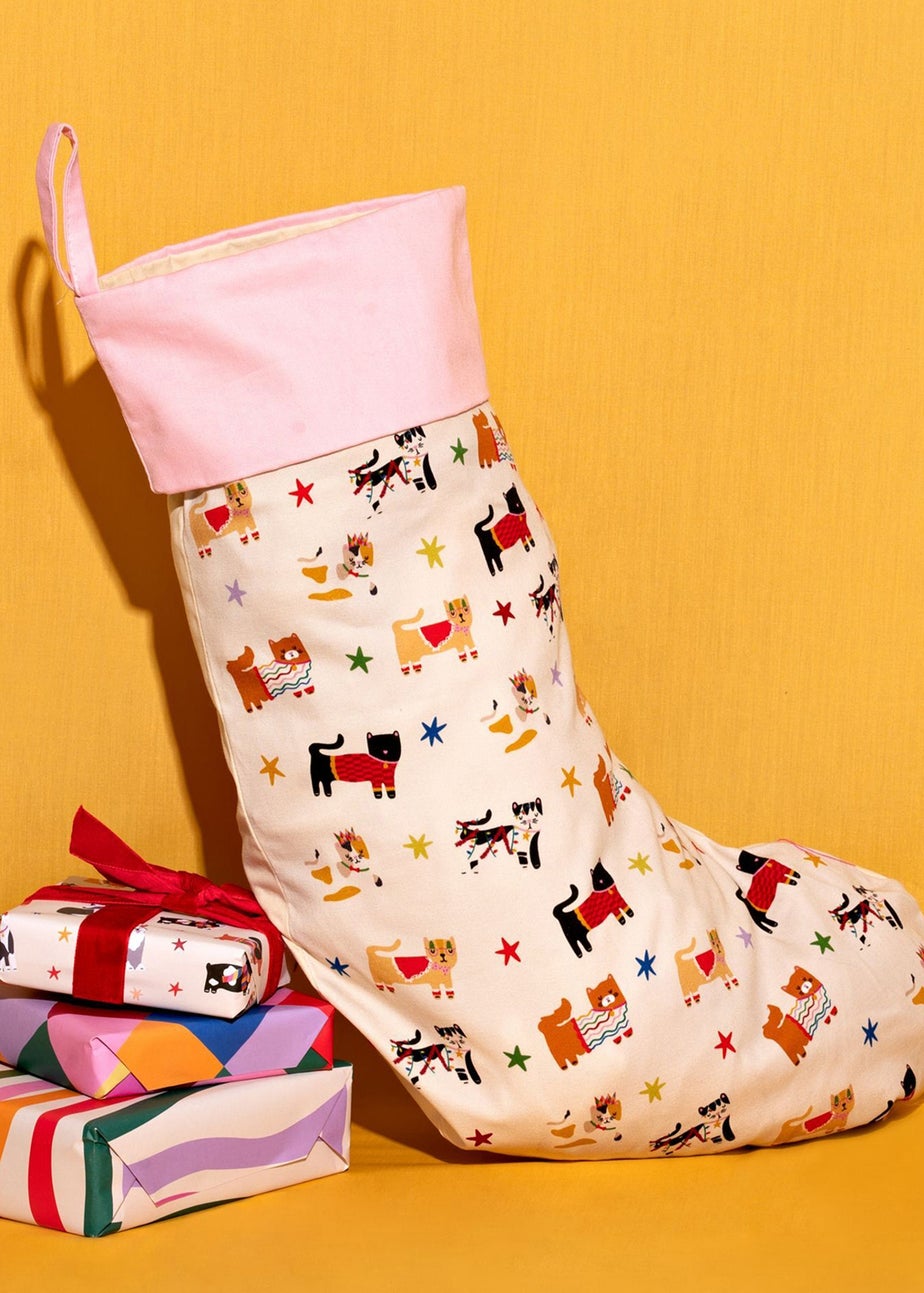 Raspberry Blossom Multi-coloured Cats Stocking Santa Paws Stop Here