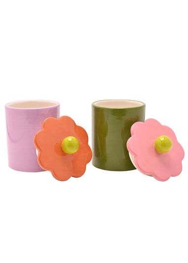 Raspberry Blossom Pink & Green Flower Storage Jars Set of 2