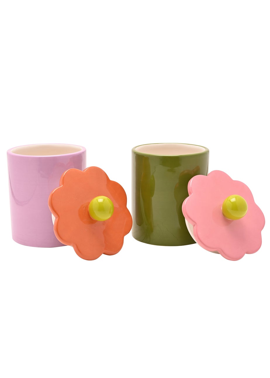 Raspberry Blossom Pink & Green Flower Storage Jars Set of 2