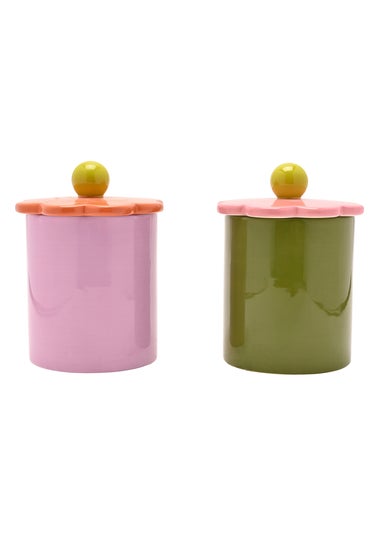 Raspberry Blossom Pink & Green Flower Storage Jars Set of 2
