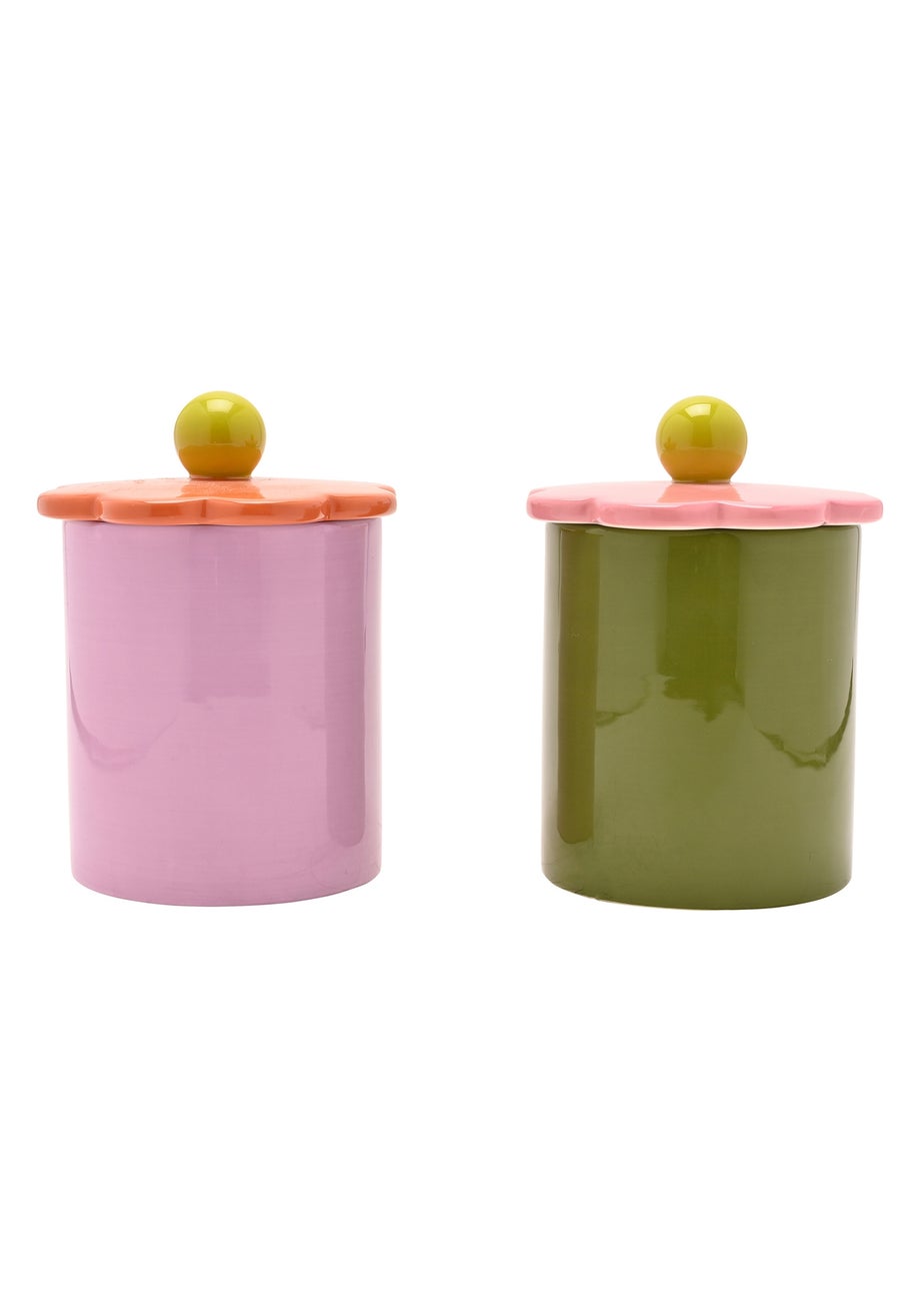 Raspberry Blossom Pink & Green Flower Storage Jars Set of 2