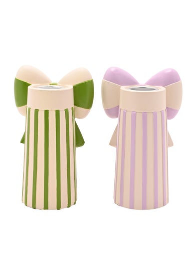Raspberry Blossom Candlestick Holders With Bow Set of 2