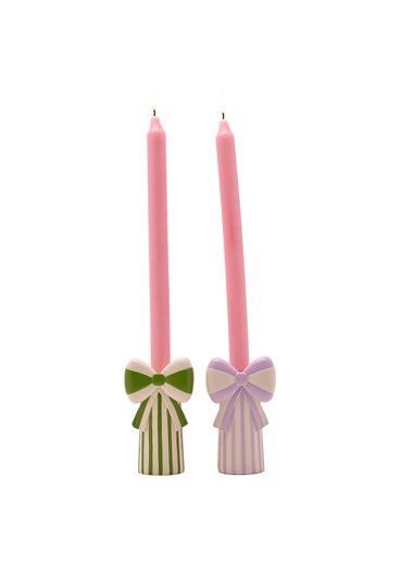 Raspberry Blossom Candlestick Holders With Bow Set of 2