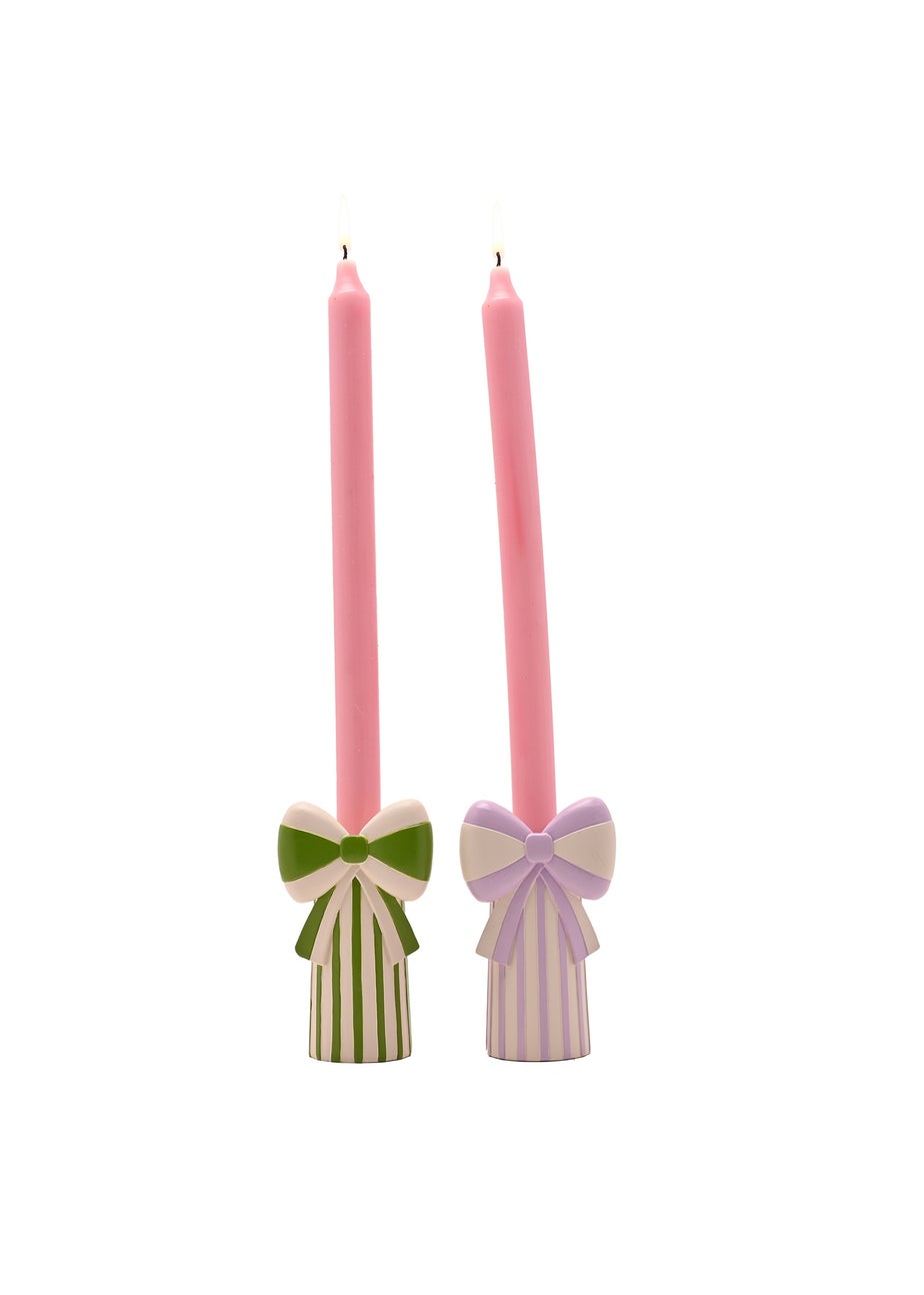 Raspberry Blossom Candlestick Holders With Bow Set of 2