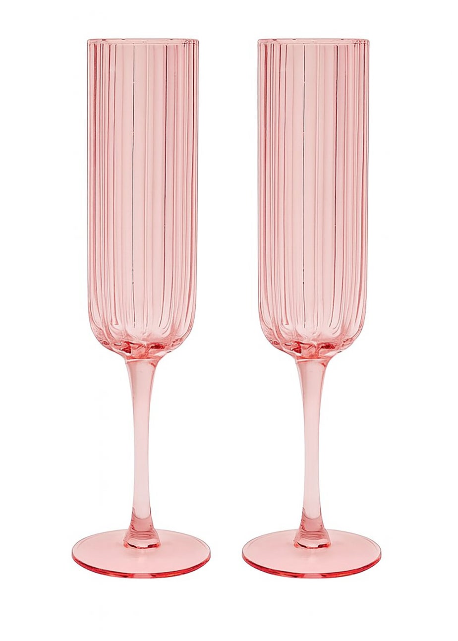 Hestia Bright Pink Scalloped Glass Champagne Flutes Set of 2