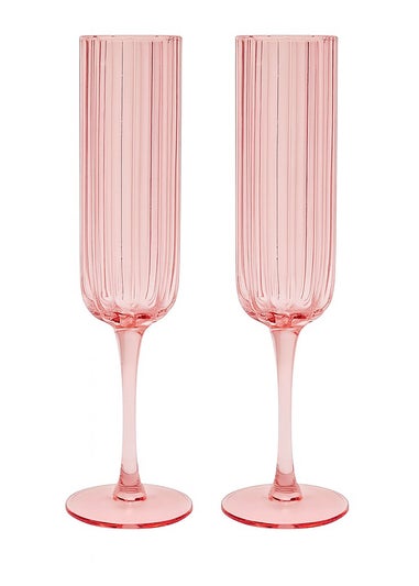 Hestia Bright Pink Scalloped Glass Champagne Flutes Set of 2