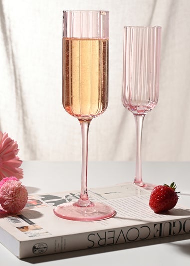 Hestia Bright Pink Scalloped Glass Champagne Flutes Set of 2