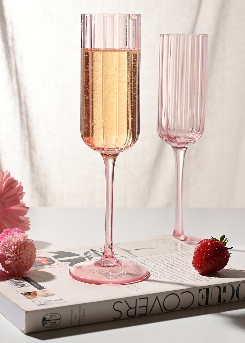 Hestia Bright Pink Scalloped Glass Champagne Flutes Set of 2