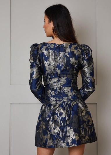 Chi Chi London Navy Long Sleeve Pephem Jacquard Mini Dress