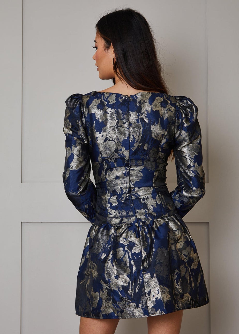 Chi Chi London Navy Long Sleeve Pephem Jacquard Mini Dress