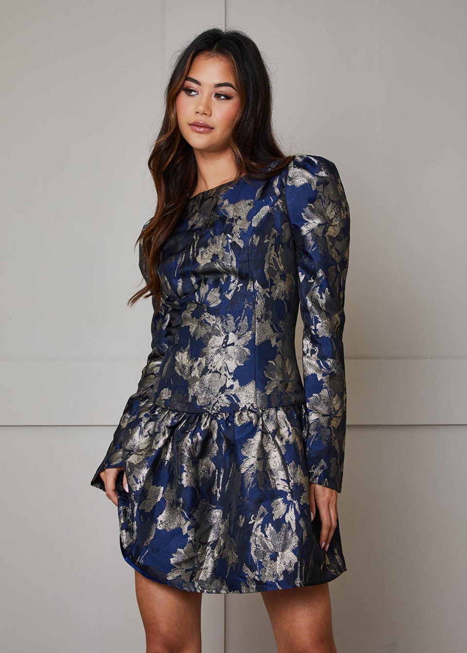 Chi Chi London Navy Long Sleeve Pephem Jacquard Mini Dress