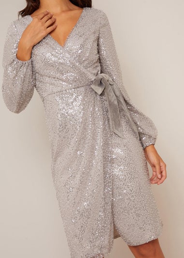 Chi Chi London Silver Wrap Design Sequin Party Dress