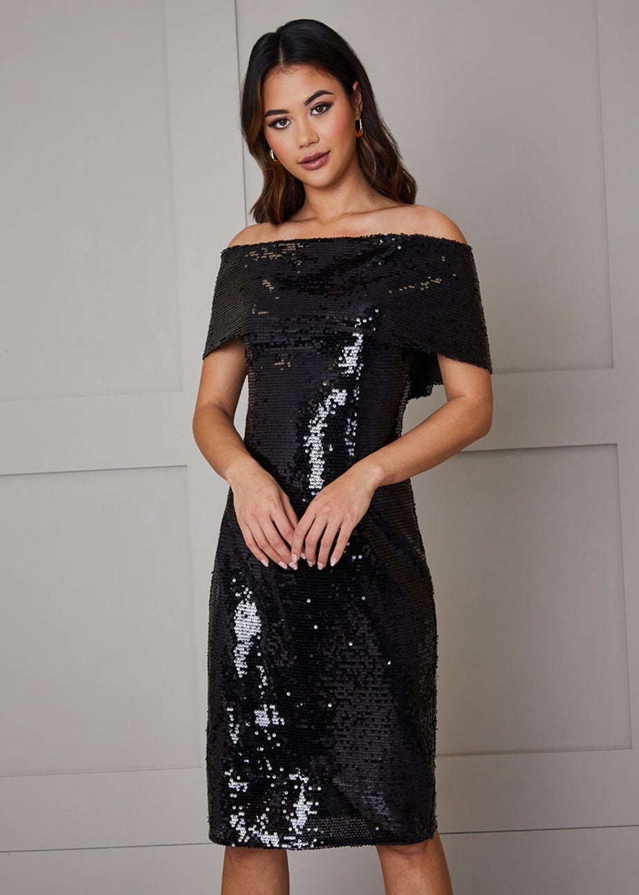 Chi Chi London Black Bardot Sequin Bodycon Midi Dress